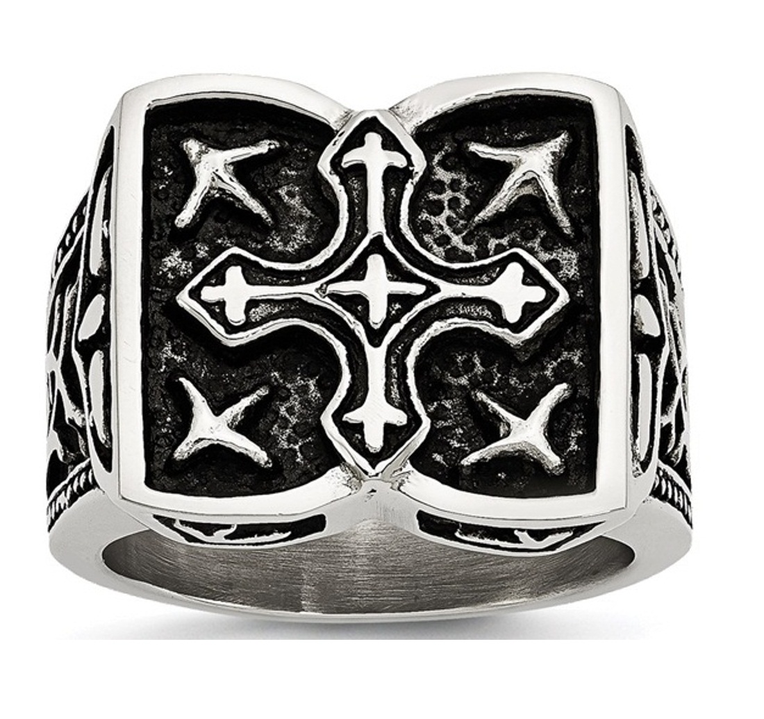 Stainless Steel Antiqued Cross Ring