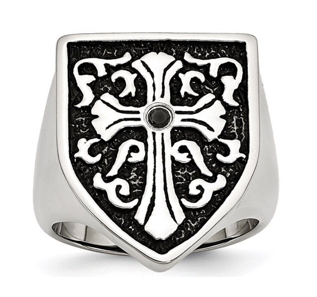 Stainless Steel Cross With Black Diamond Antiqued Shield Ring