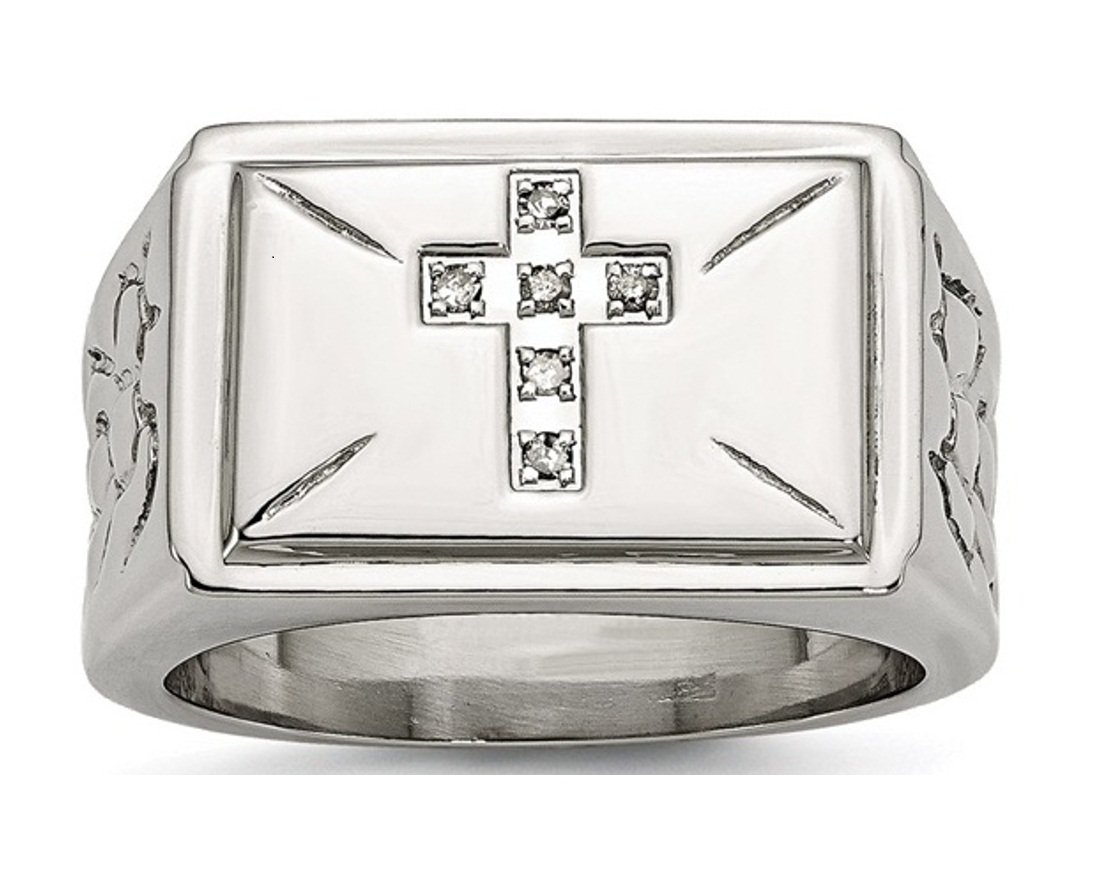 Stainless Steel Diamond Cross With Textured Sides Ring