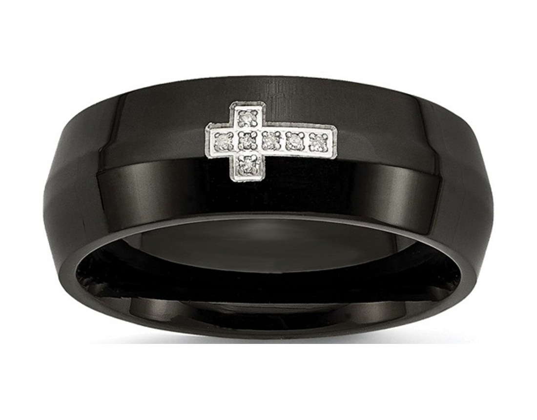 Stainless Steel Black IP-Plated With Diamond Cross Ring