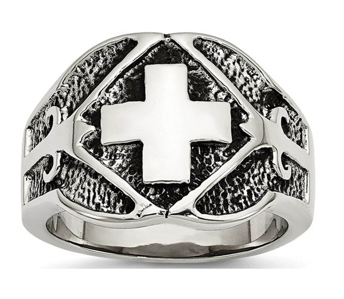 Stainless Steel Polished And Antiqued Cross Ring