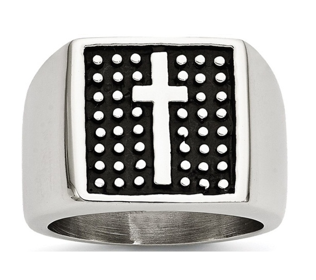 Stainless Steel Antiqued Cross Polished Ring