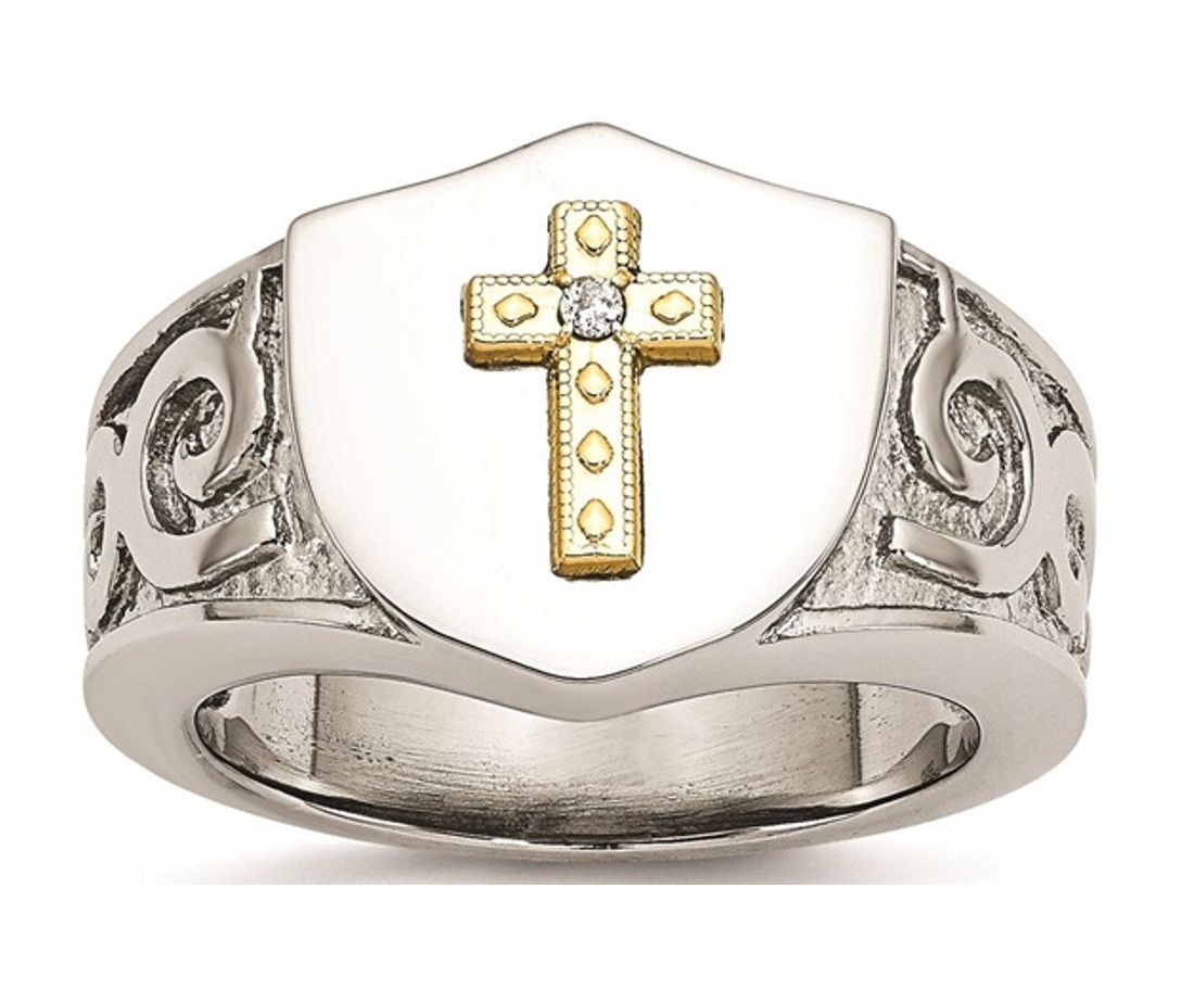 Stainless Steel With 10K Gold Cross And Diamond Polished Ring