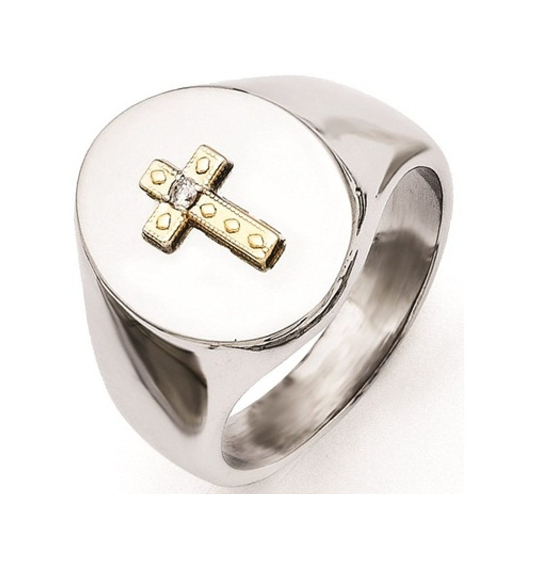 Stainless Steel With 10K Gold Cross And Diamond Polished Ring