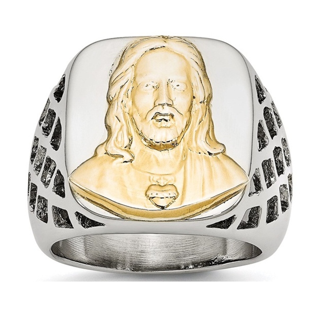 Stainless Steel With Sterling Silver Jesus Yellow IP-Plated Polished Ring