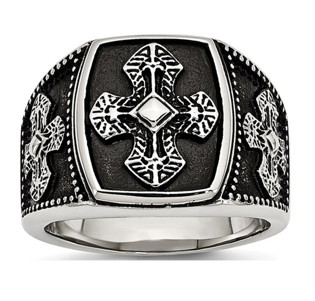 Stainless Steel Enameled Cross Polished Ring