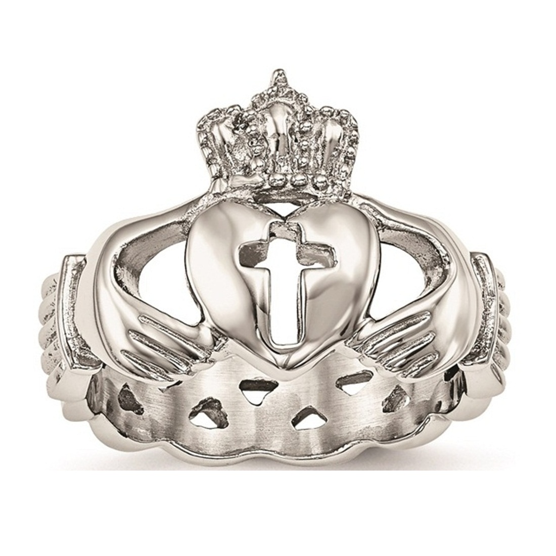 Stainless Steel Polished Claddagh With Cross Ring