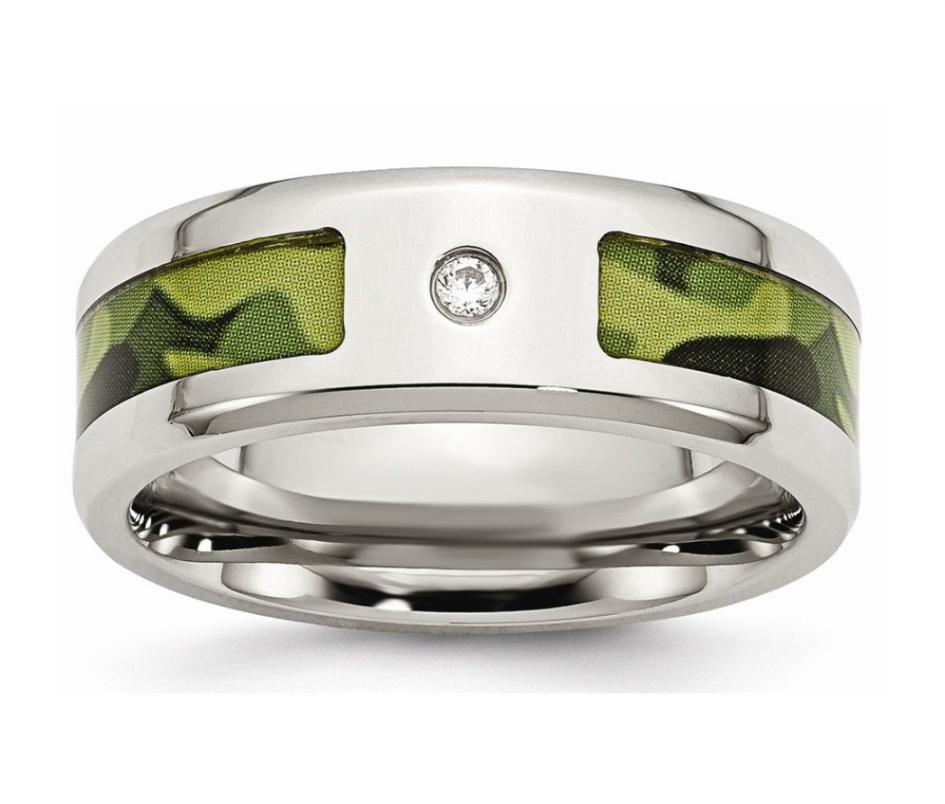 Stainless Steel Polished With CZ Printed Green Camo Under Rubber Band