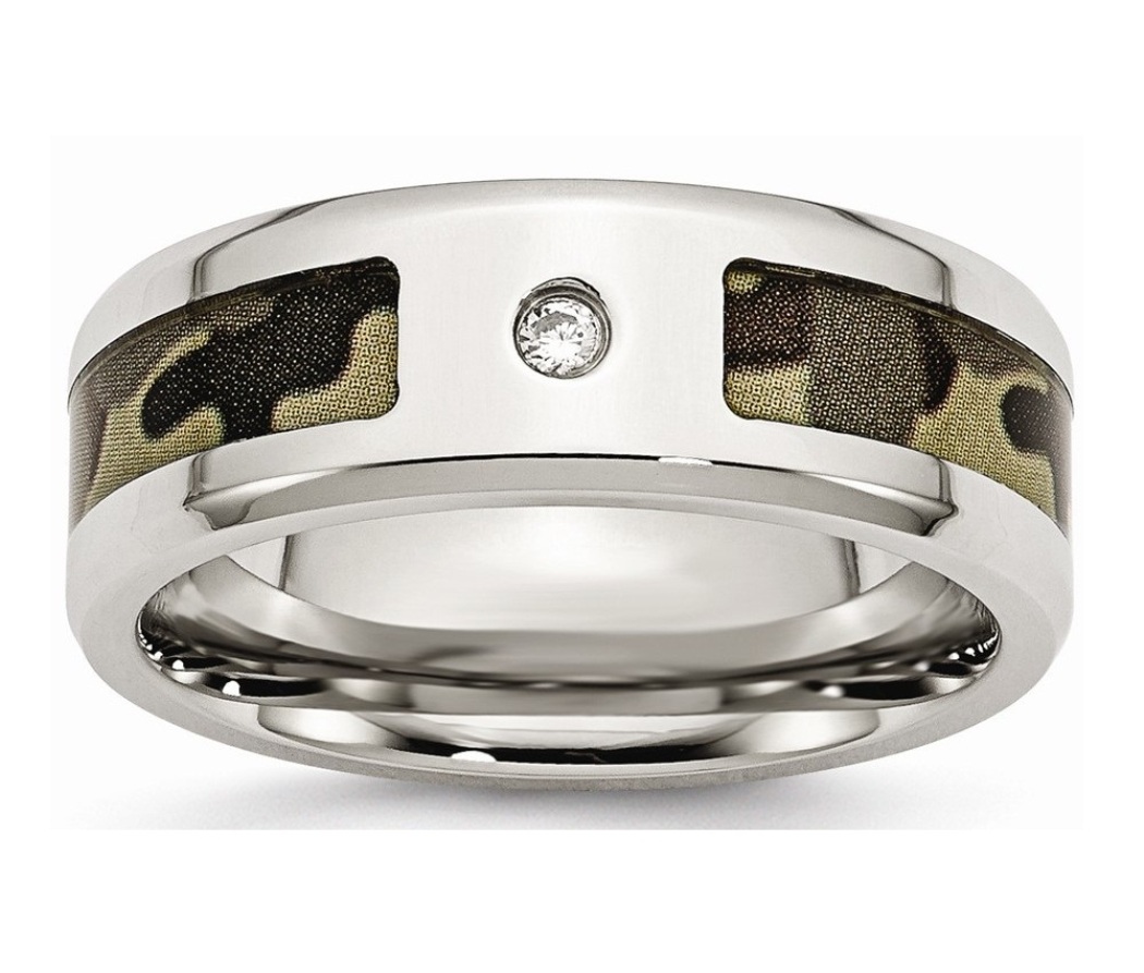 Stainless Steel Polished With CZ Printed Brown Camo Under Rubber Band