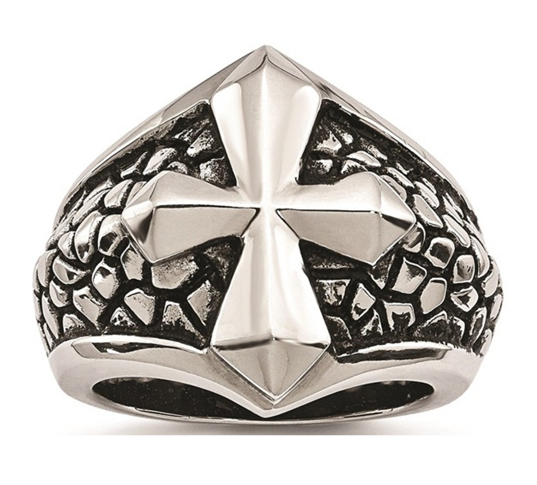 Stainless Steel Antiqued Cross And Caviar Ring