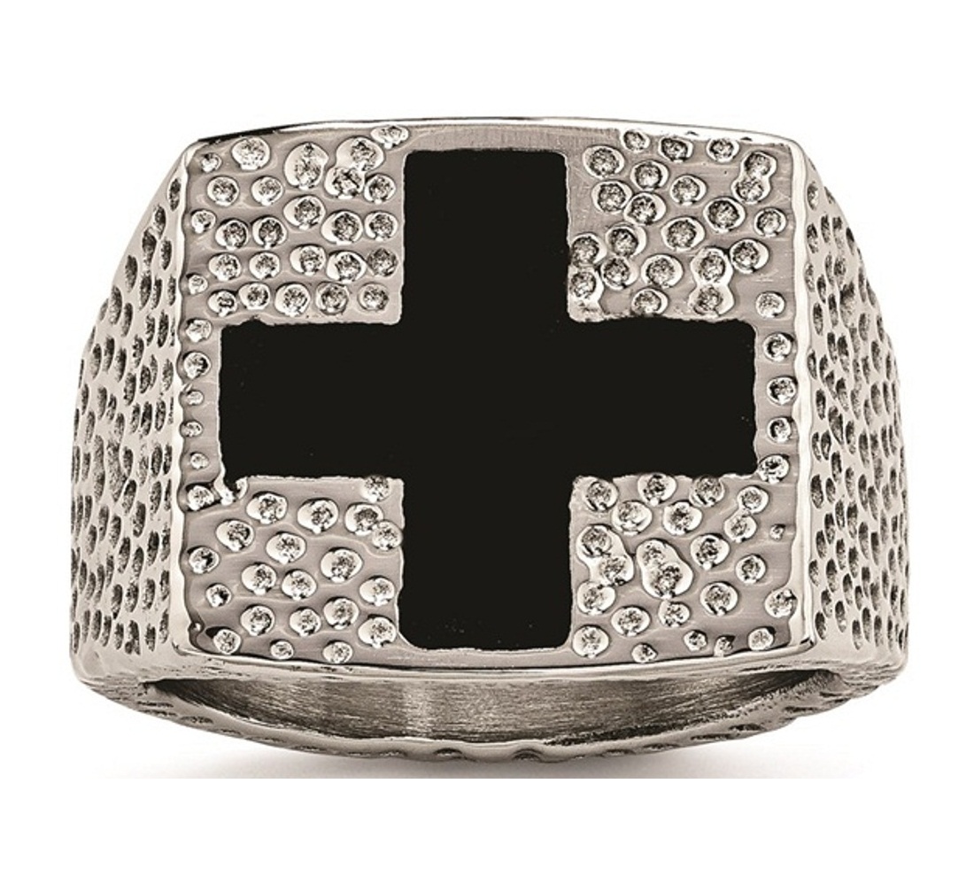 Stainless Steel Textured Black Enameled Cross Ring