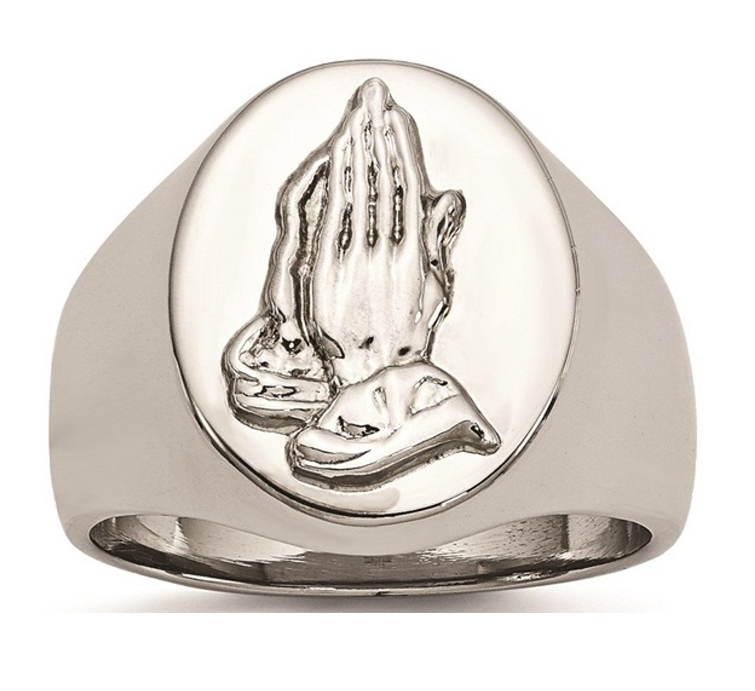 Stainless Steel Polished With Sterling Silver Praying Hands Ring