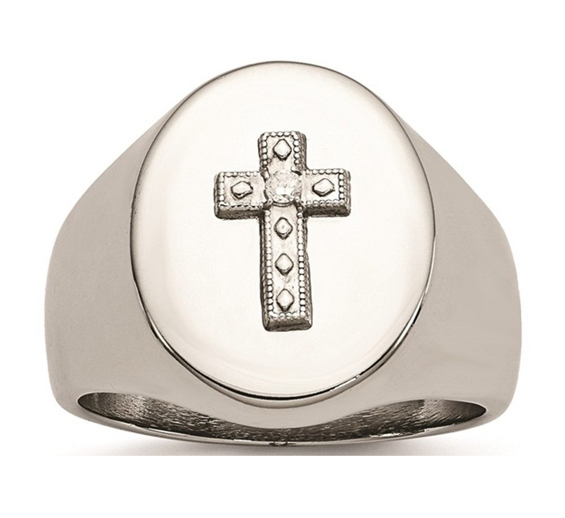 Stainless Steel Polished Cross CZ Signet Ring