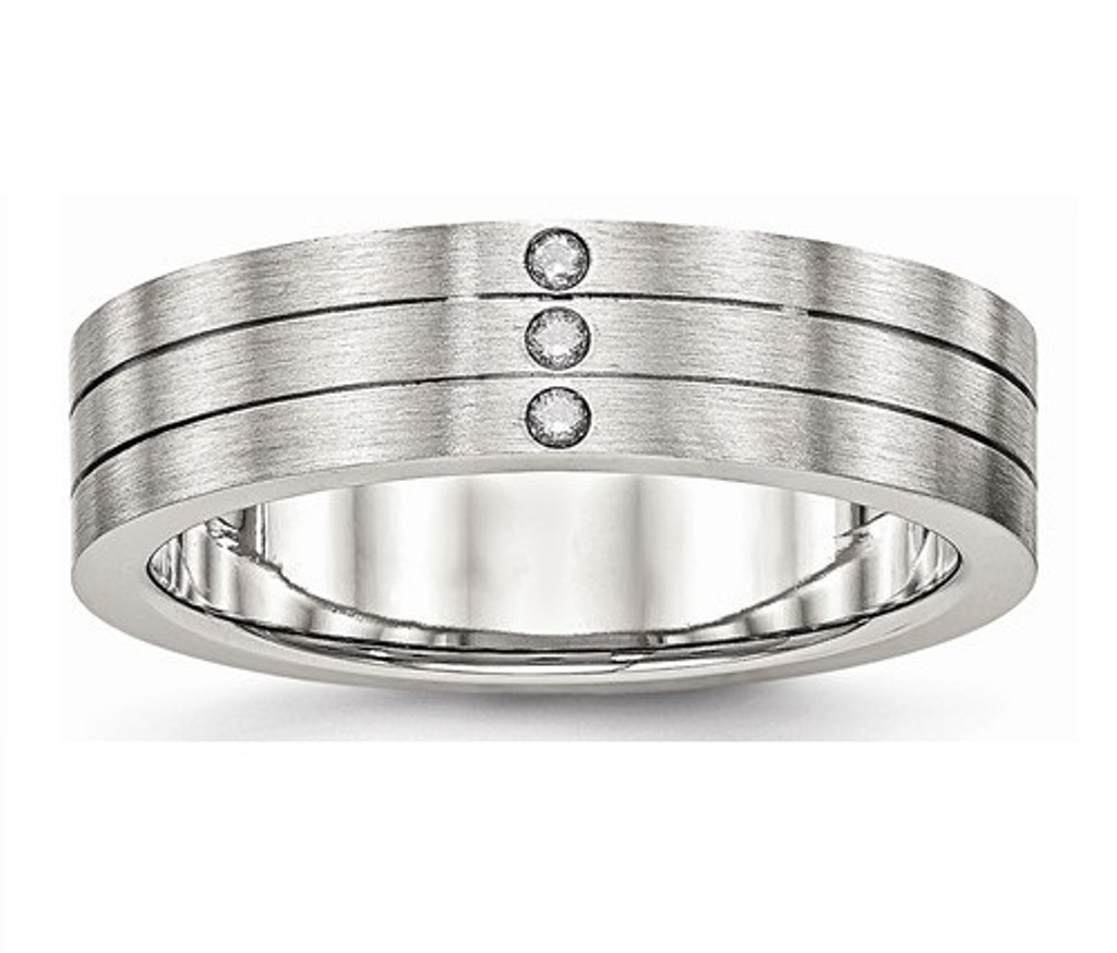 Brushed Stainless Steel 6mm Grooved Three Cubic Zirconia Wedding Band