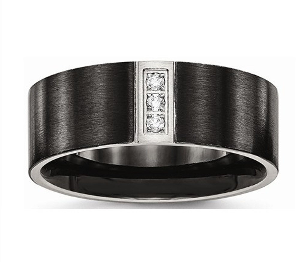 Black IP- Plated Brushed 8mm Stainless Steel Flat Three Cubic Zirconia Wedding Band 