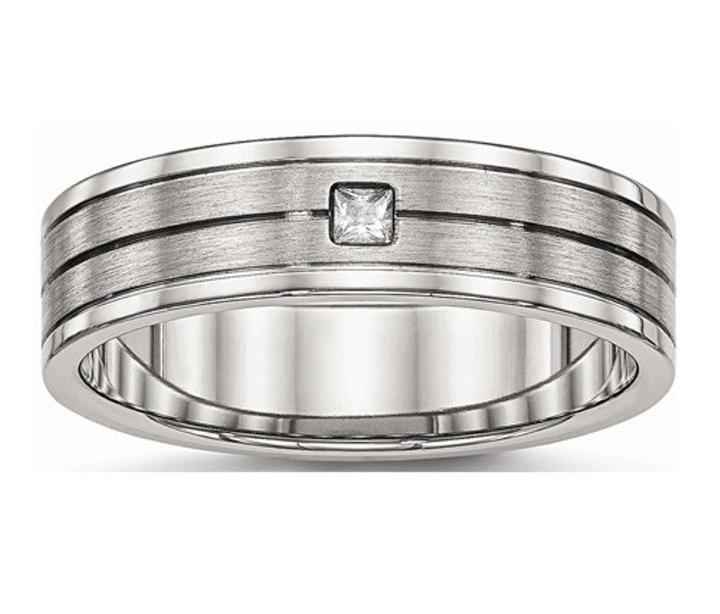 Brushed Stainless Steel 6mm Cubic Zirconia Grooved Wedding Band