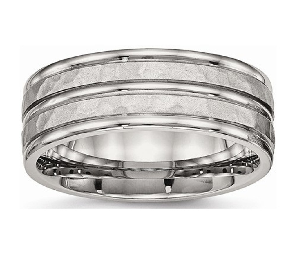  Polished Stainless Steel 8mm Hammered and Grooved Wedding Band