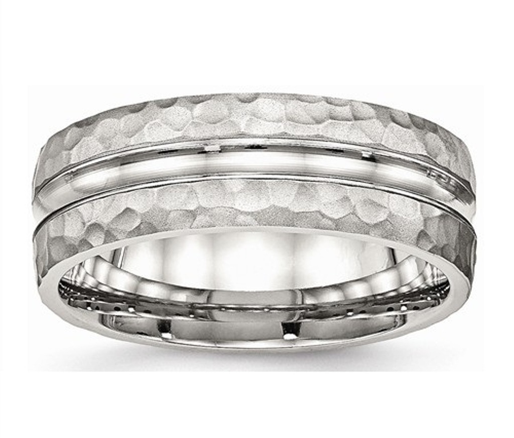 Polished Stainless Steel Hammered and Grooved 7.50mm Wedding Band