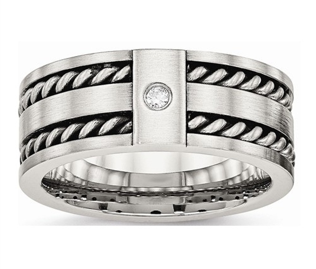 Brushed Stainless Steel Antiqued with Cubic Zirconia Twisted 9mm Wedding Band