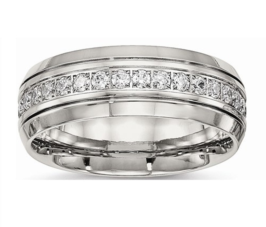 Polished Stainless Steel 8mm Cubic Zirconia Half Round Grooved Comfort- Fit Wedding Band