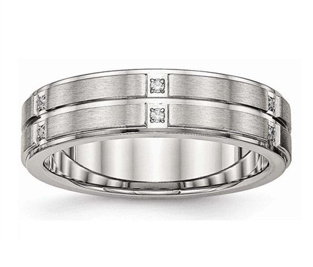 Brushed Stainless Steel Cubic Zirconia 6mm Grooved and Ridged Edge Wedding Band