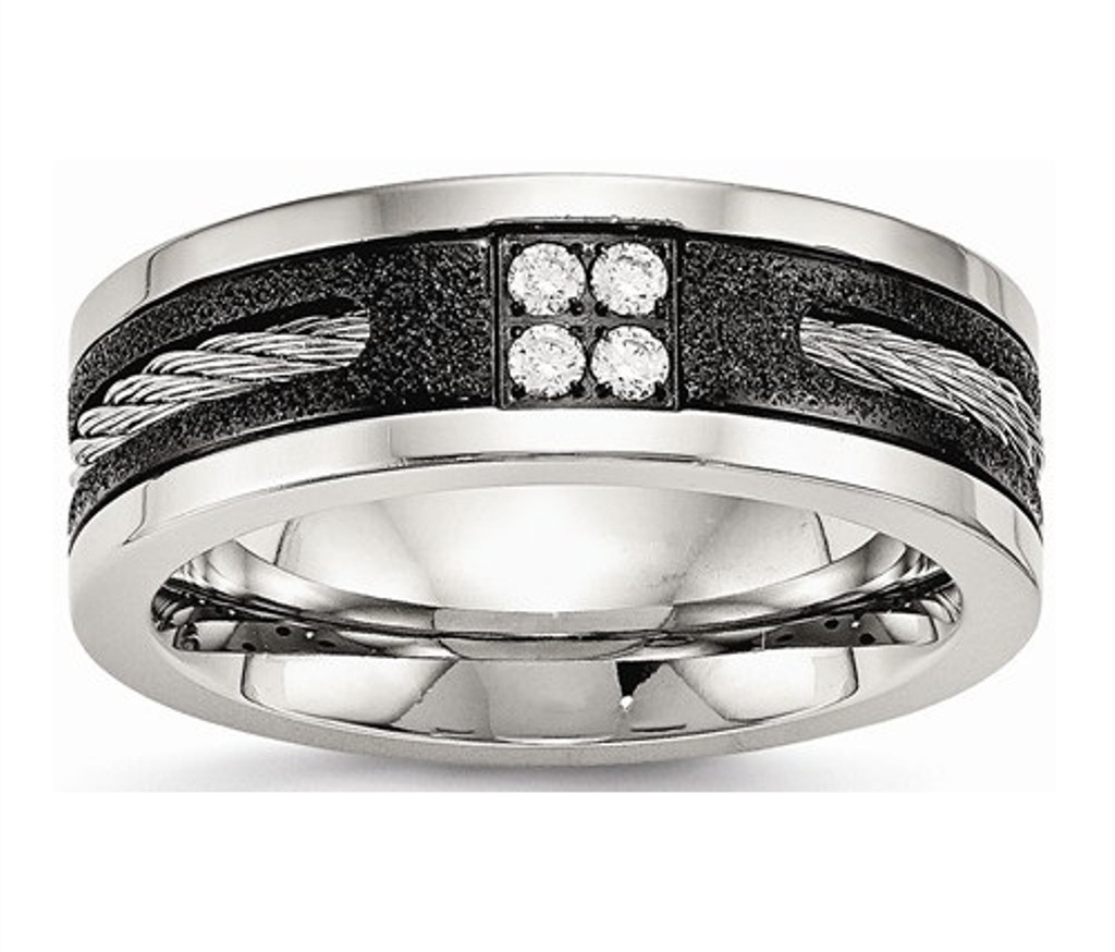  Black IP-Plated Polished Stainless Steel 8mm Laser Cut Wire Inlay Cubic Zirconia Wedding Band