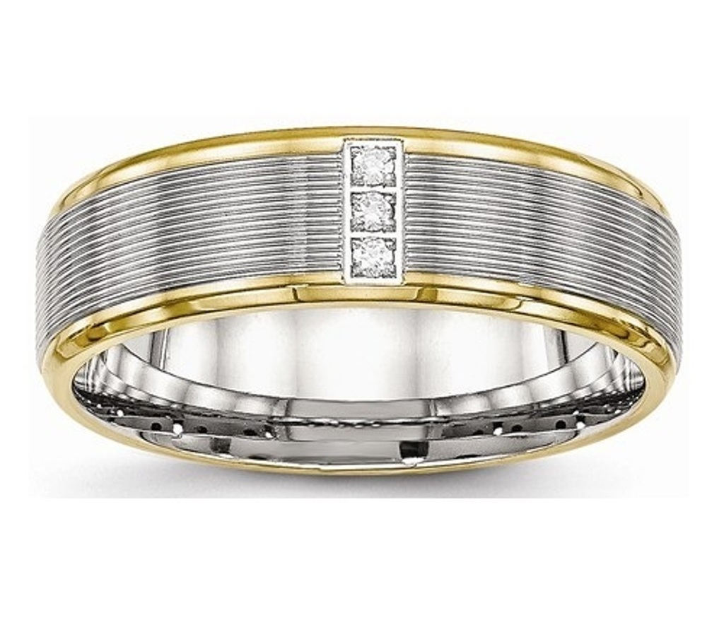 Yellow IP- Plated Polished Stainless Steel 6mm Cubic Zirconia Grooved Comfort- Fit Back Wedding Band