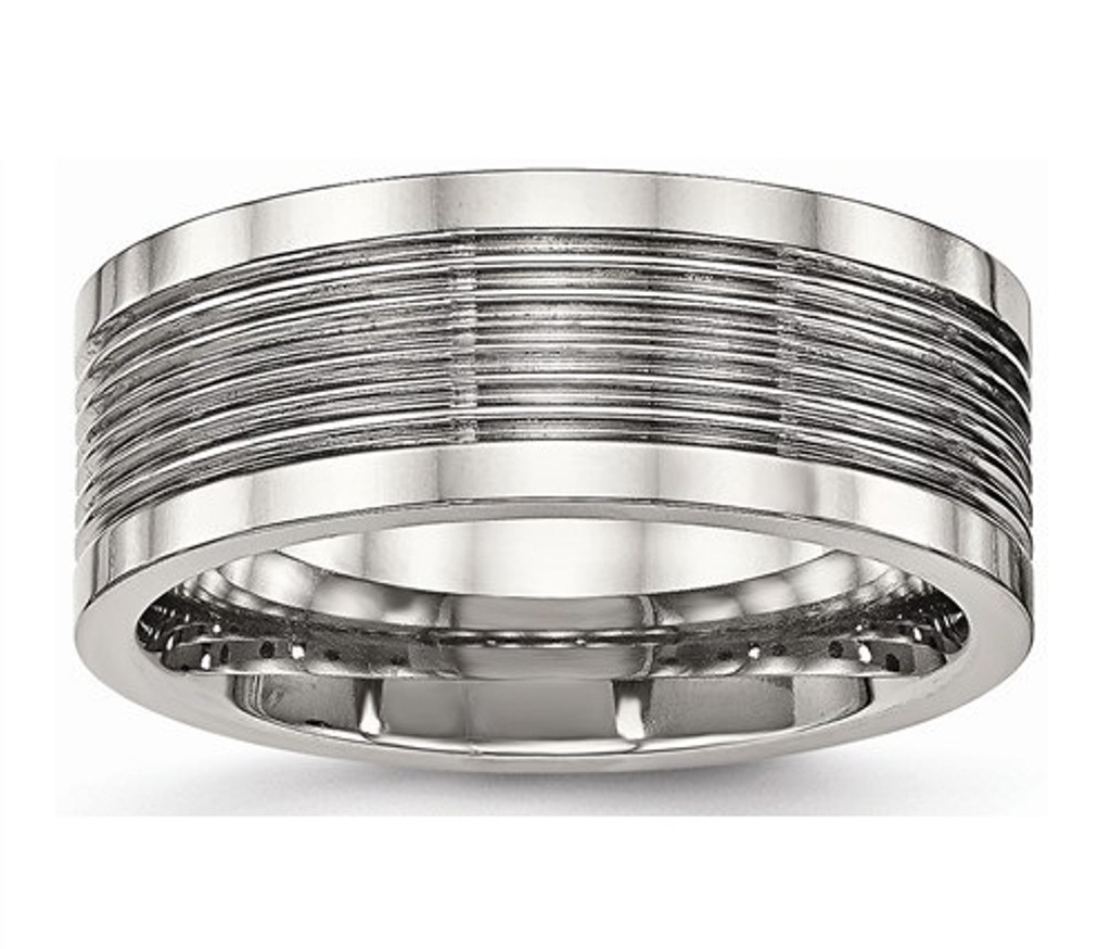 Polished Stainless Steel 8mm Grooved Comfort-Fit Back Wedding Band