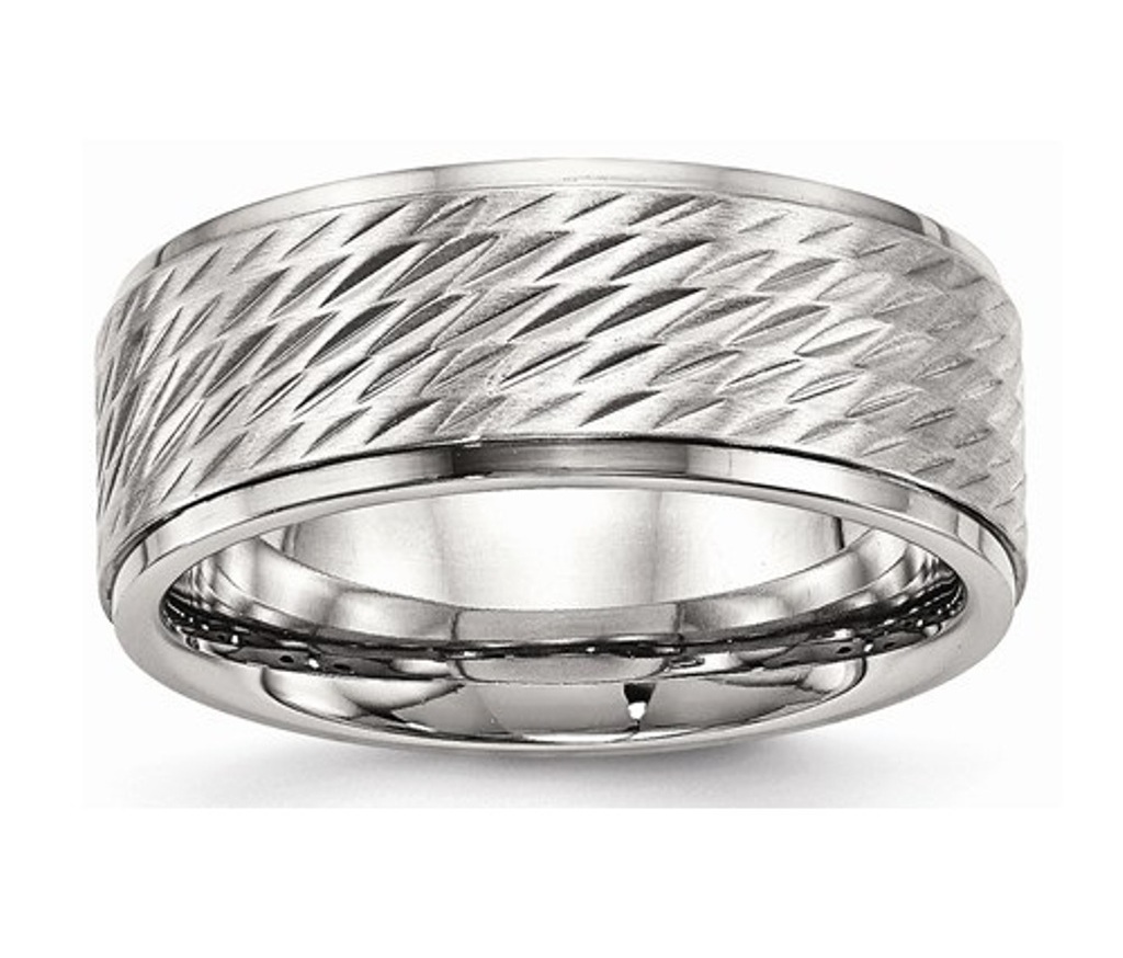 Brushed Stainless Steel Center Ridged Edge 9mm Diamond -Cut Wedding Band 