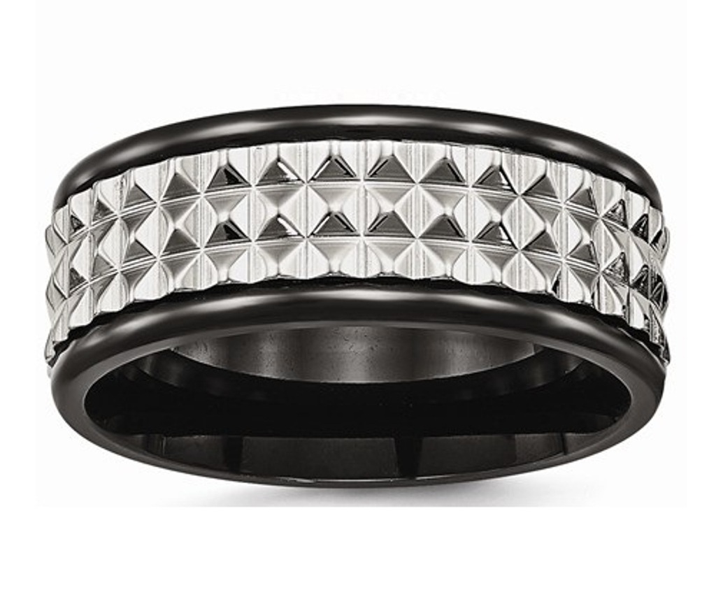 Black IP-Platd Polished Stainless Steel 9mm Textured Wedding Band
 img title=SR556-10