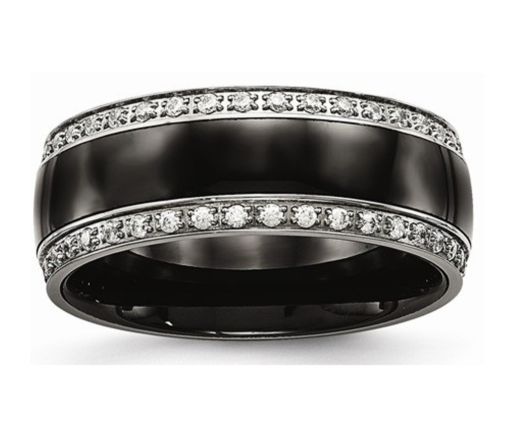 Polished Stainless Steel Black Ceramic 8mm Cubic Zirconia Wedding Band 
 img title=SR564-10