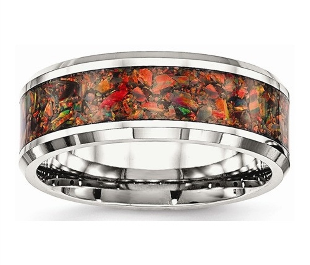 Polished Stainless Steel with Red Imitation Opal 8mm Men'sComfort-Fit  Wedding Band