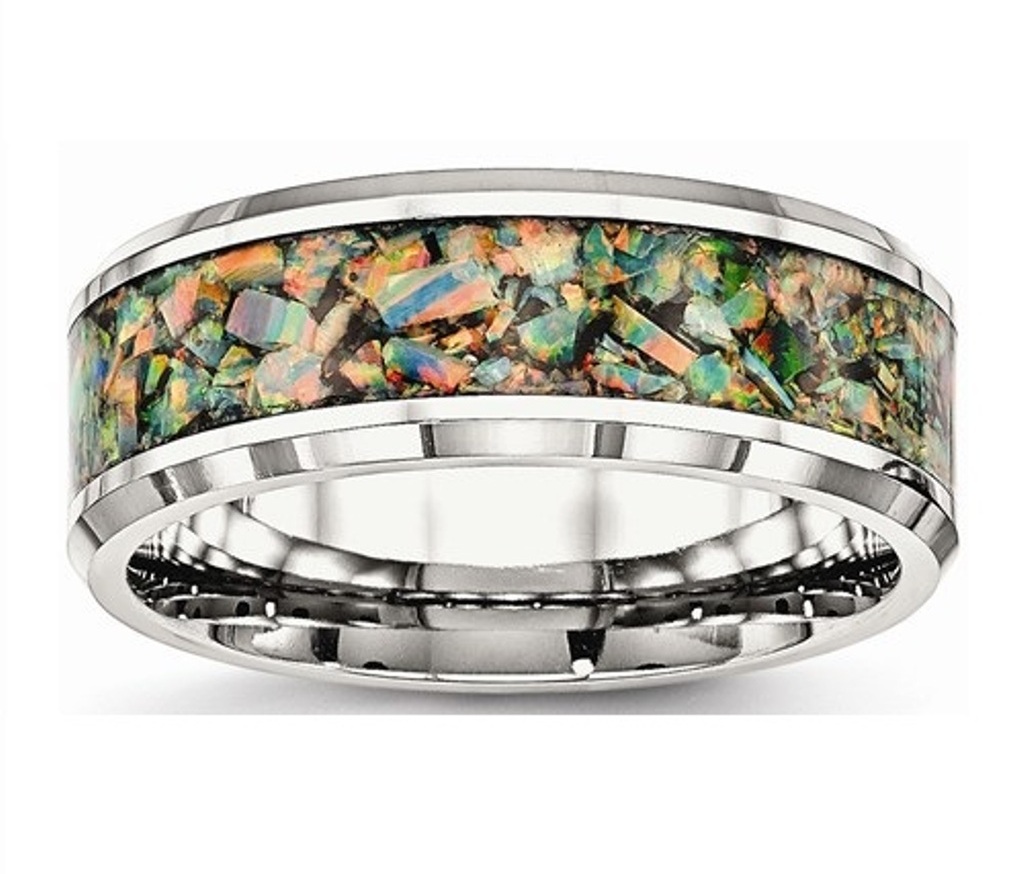 Polished Stainless Steel with Imitation Opal 8mm Men's Beveled Edge Comfort- Fit Wedding Band
 img title=SR569-10