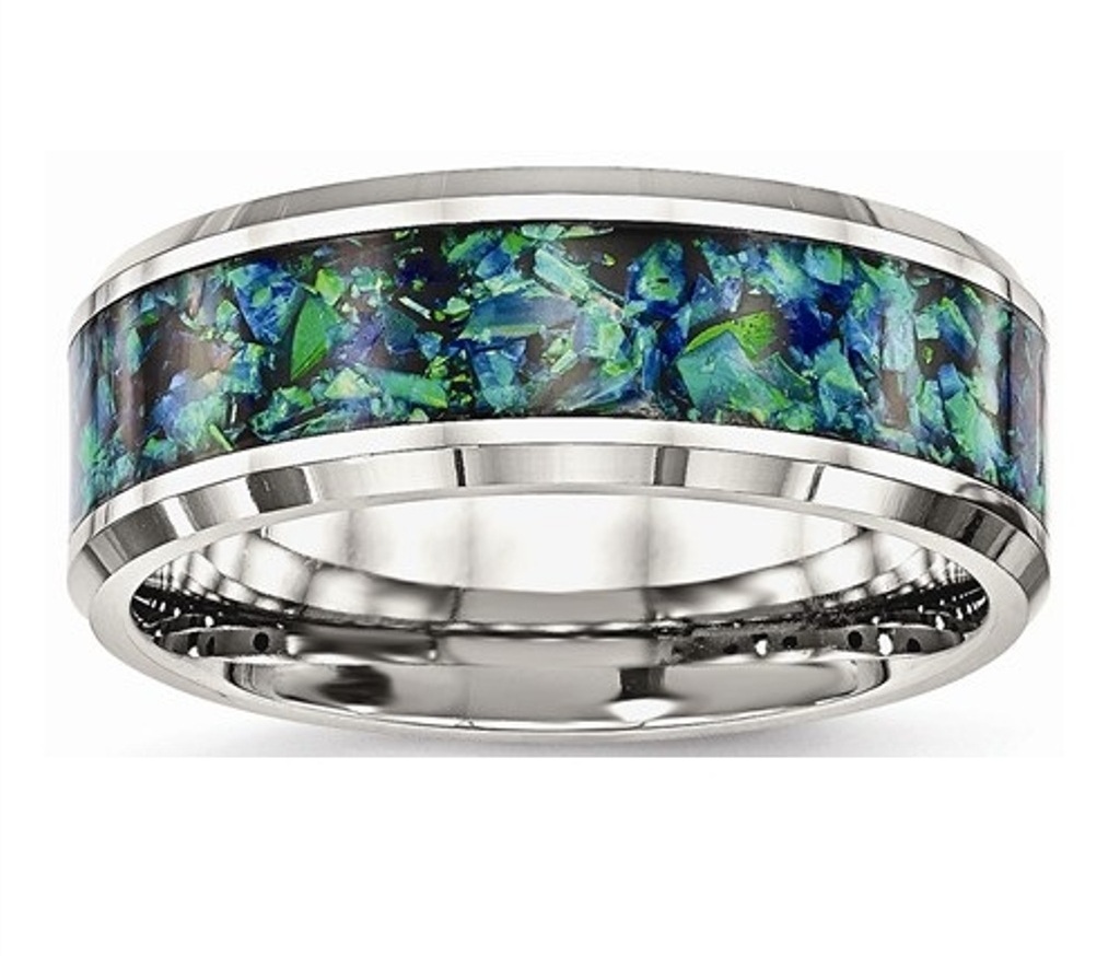 Polished Stainless Steel with Blue Imitation Opal 8mm Men's Comfort- Fit Wedding Band