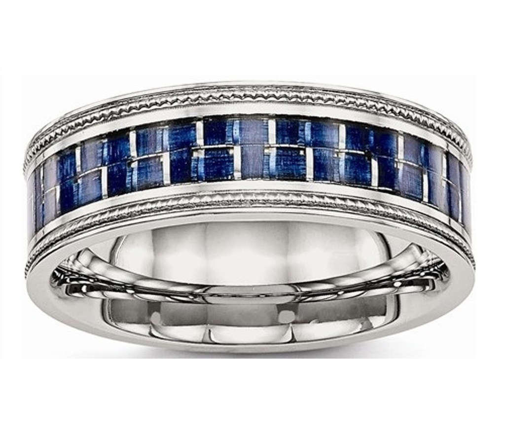 Stainless Steel,Blue Carbon Fiber Inlay 8mm Textured Edge Comfort-Fit Wedding Band