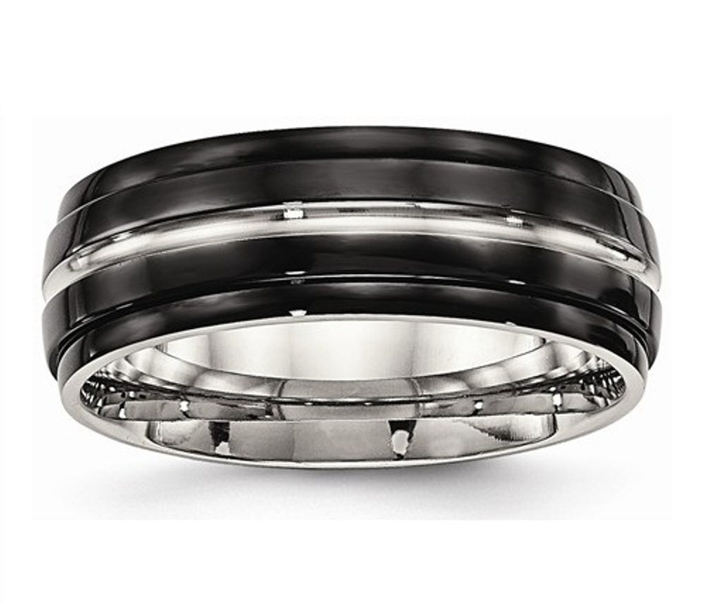  Black IP-Plated Polished Stainless Steel 8mm Ridged Edged Wedding Band
 img title=SR579-10