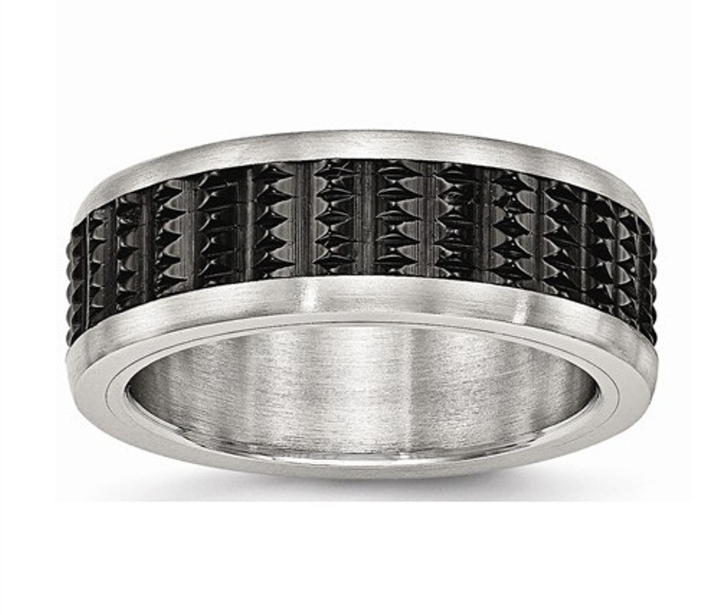 Black IP- Plated Brushed Stainless Steel 8mm Textured Wedding Band
 img title=SR583-10