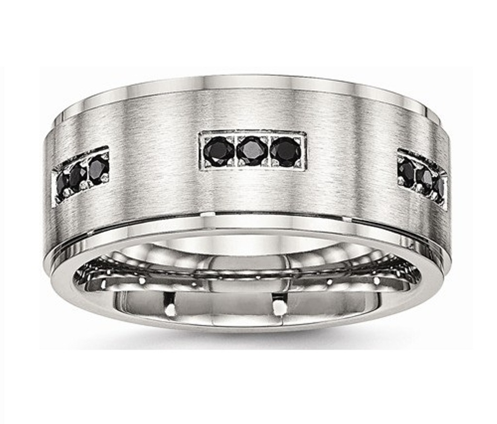 Brushed Stainless Steel Ridged Edged 9mm Black Cubic Zirconi Wedding Band