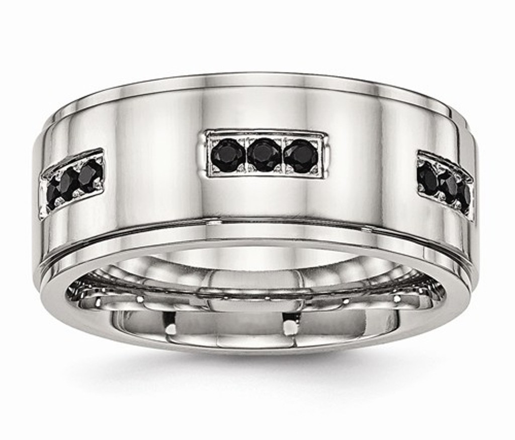 Polished Stainless Steel Polished Ridged Edged 9mm Black Cubic Zirconia Wedding Band