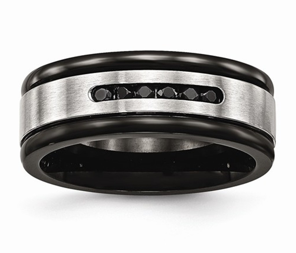 Black IP-Plated Brushed Stainless Steel Grooved 8mm Black Cubic Zirconia Wedding Band