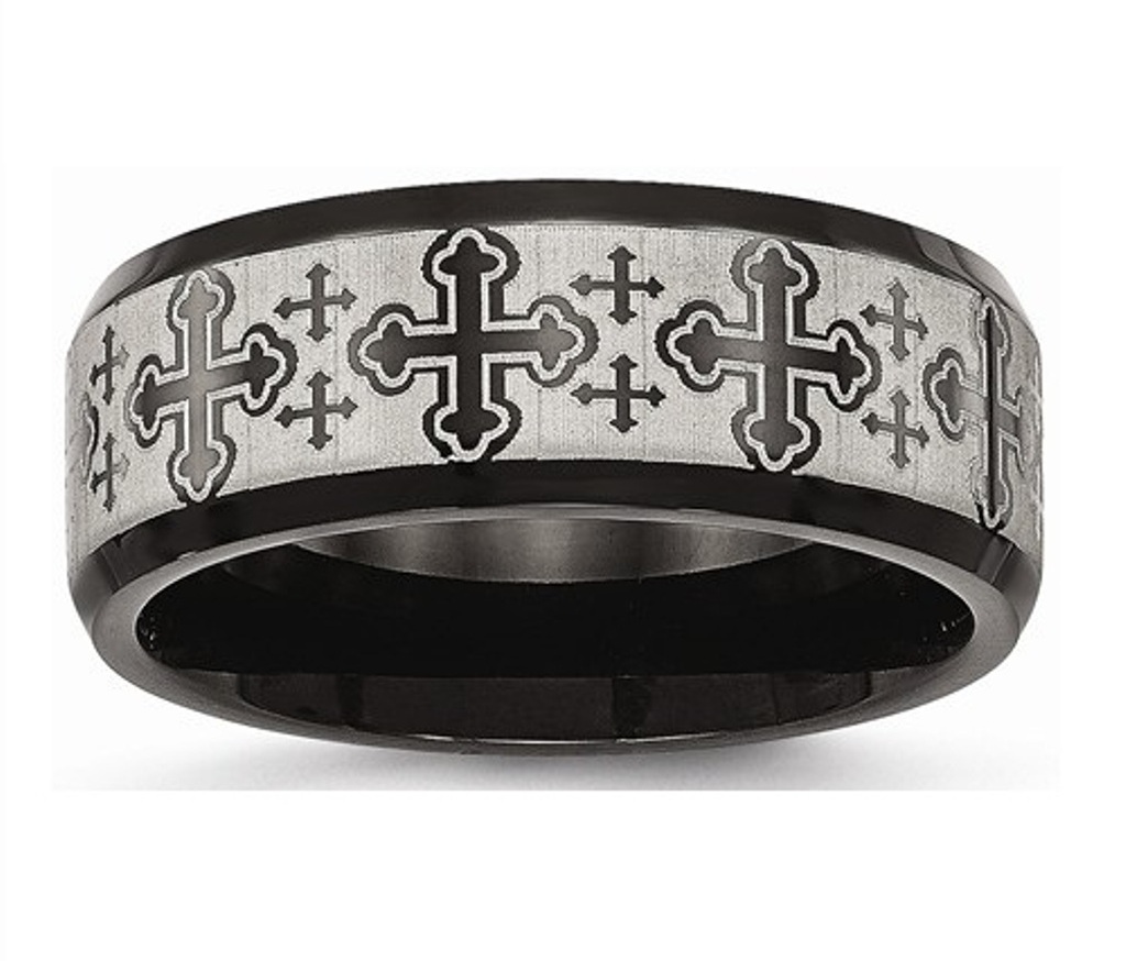 Black IP-Plated Brushed Stainless Steel Laser Etched 8mm Pattern Wedding Band