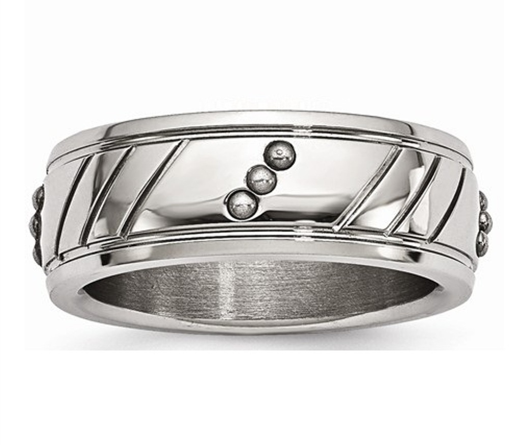 Polished  Stainless Steel Beaded Half Round Grooved Wedding Band 