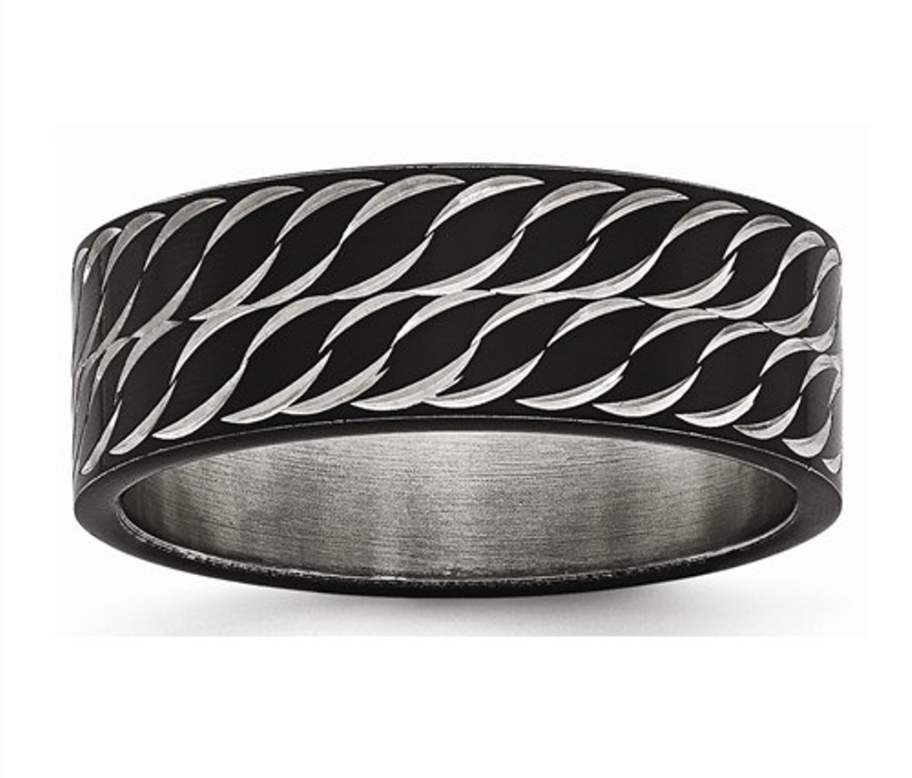 Polished  Black IP- Plated Polished Stainless Steel  Diamond-Cut Wedding Band