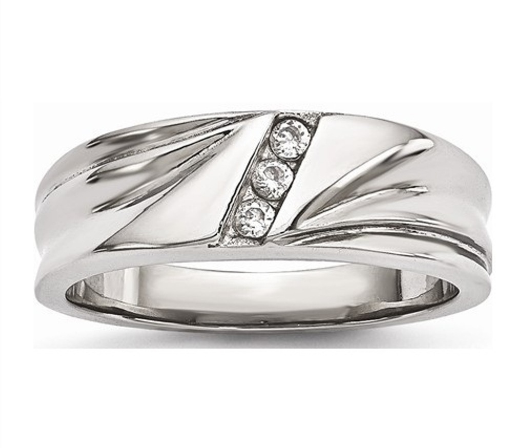 Polished Stainless Steel with Cubic Zirconia Wedding Band