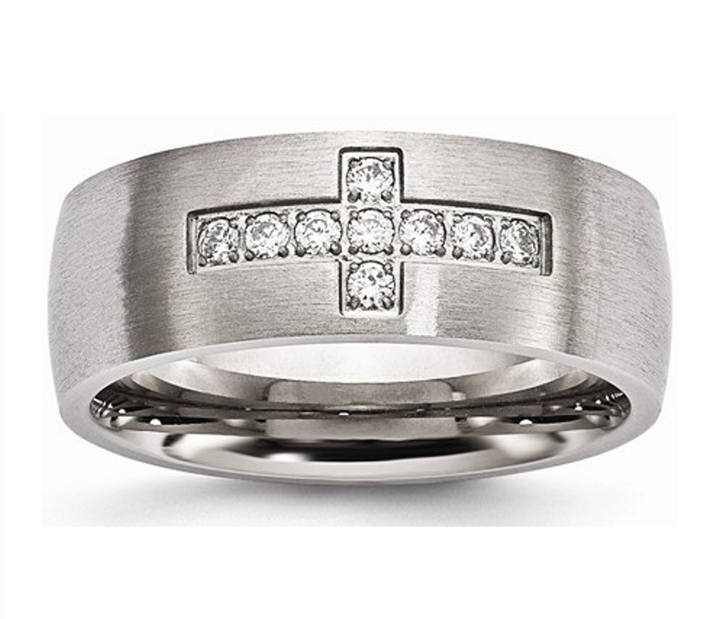  Brushed Stainless Steel Cubic Zirconia Cross Ring