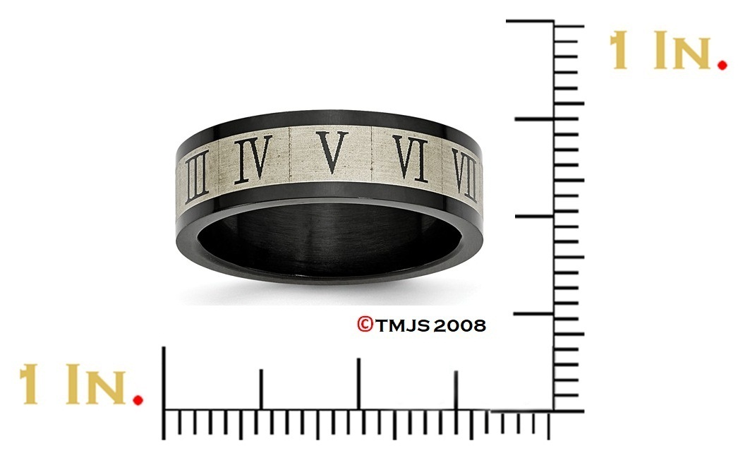 Brushed Stainless Steel Black IP-Plated 7 mm Roman Numerals Wedding Bands