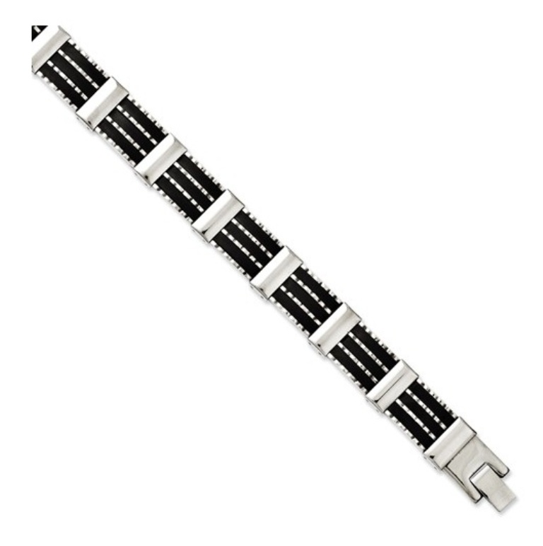 Stainless Steel, Black Rubber and Polished Bracelet, 8.25