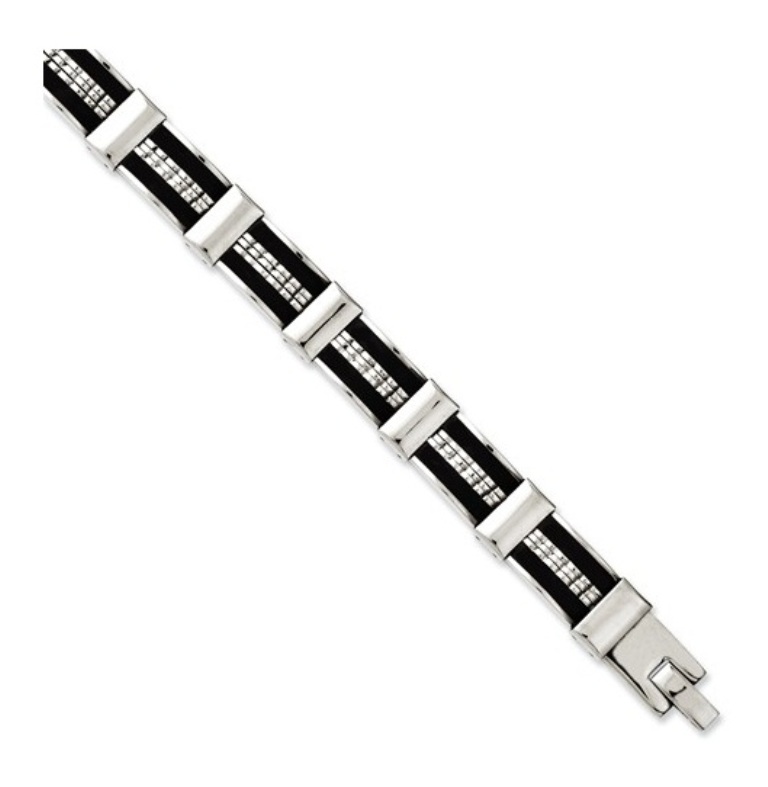 Stainless Steel, Black Rubber and Polished Bracelet, 8.50