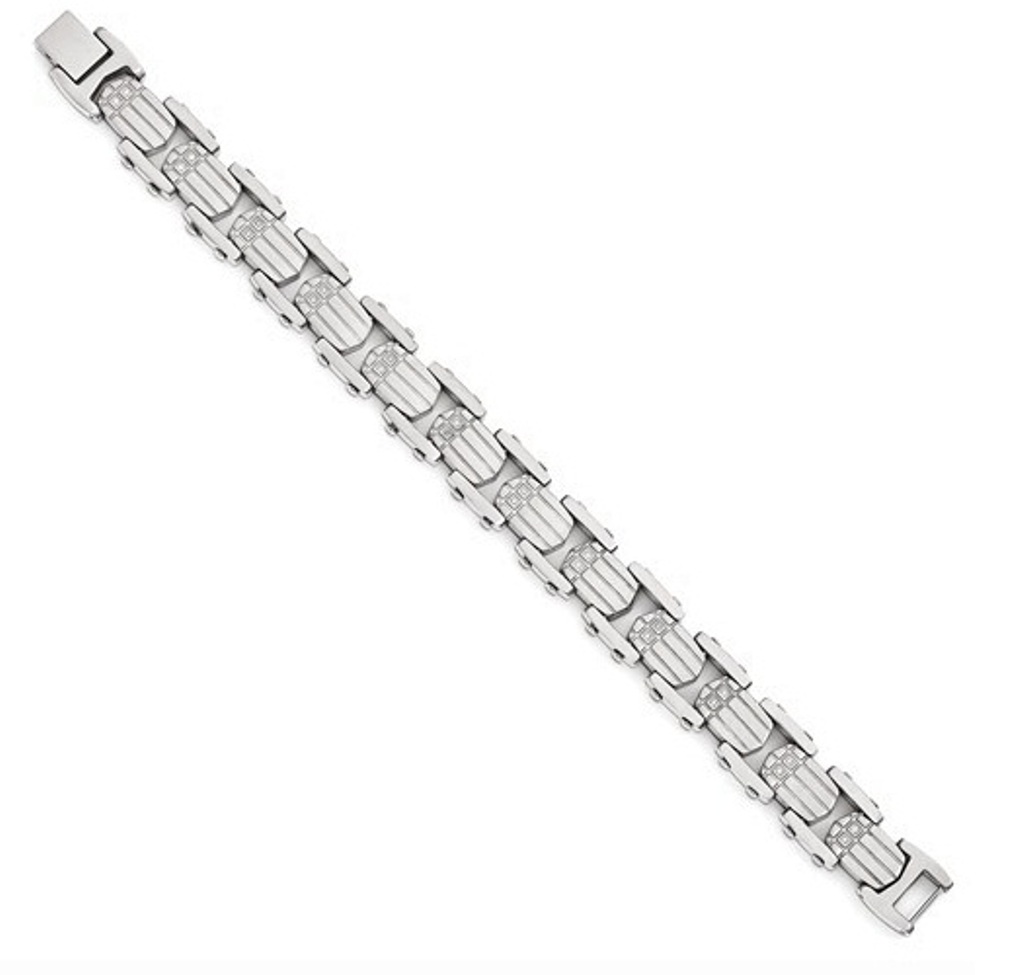 Men's Polished and Brushed Stainless Steel CZ Link Bracelet, 8.5