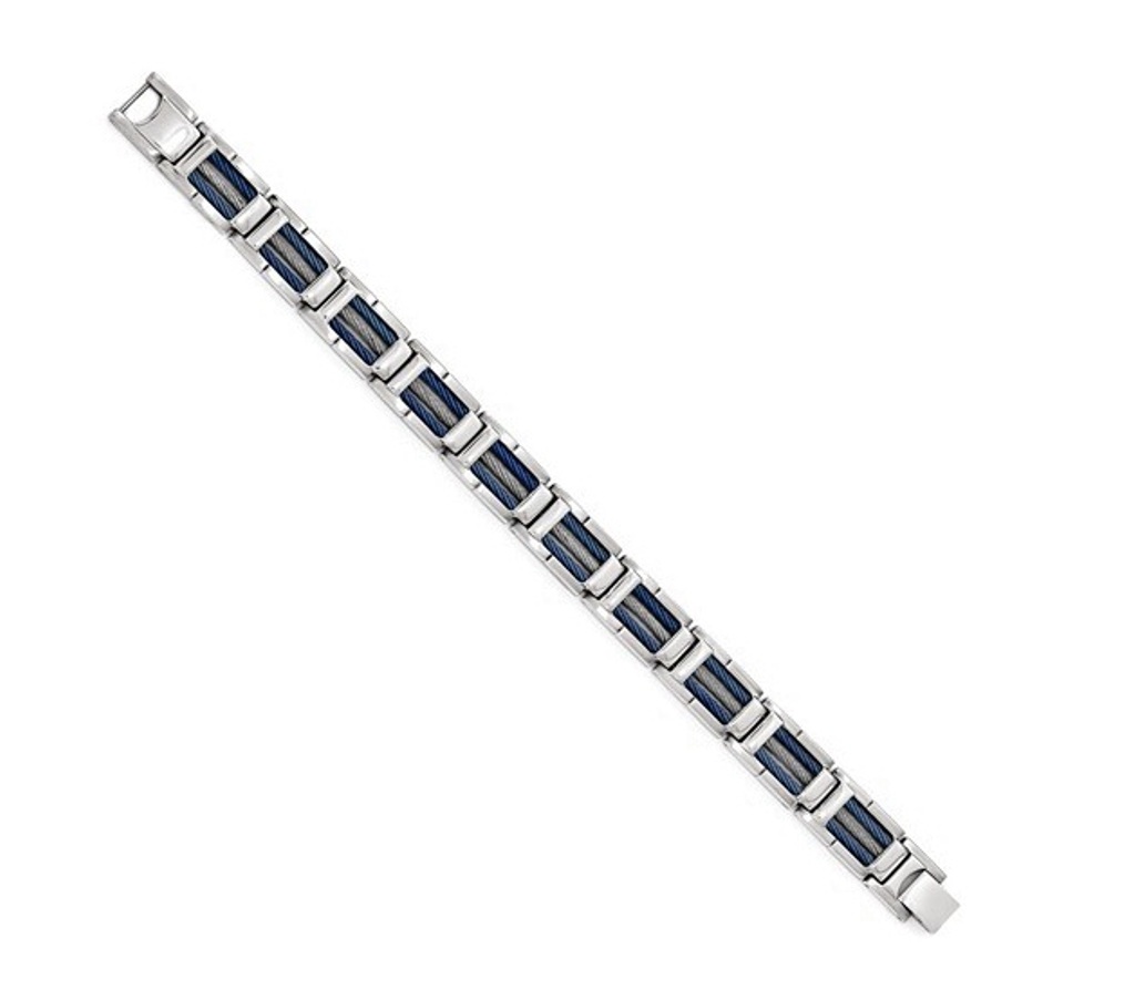 Men's Polished Stainless Steel with Blue IP-Plated Cable Bracelet, 8.75